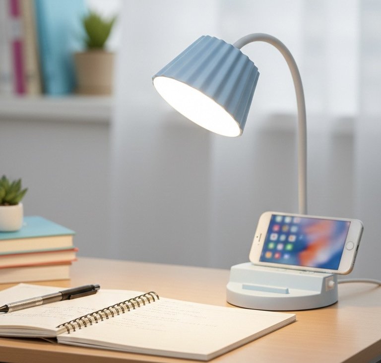 مصباح مكتب LED متعدد الوظائف 3 في 1 – إضاءة مرنة، براية أقلام مدمجة، وحامل هاتف – تصميم عصري للأطفال والطلاب